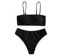 ZAFUL Bikini para Mujer con Textura Tipo Bandeau, Traje de ba?o Acolchado de Corte Alto Negro L