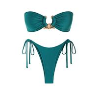 ZAFUL Conjunto de bikini bandeau texturizado de corte alto con cordones en la espalda, acolchado de dos piezas traje de baño de cintura baja para mujer, 1 verde, L