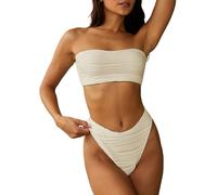 ZAFUL Conjunto de bikini bandeau texturizado de corte alto con cordones en la espalda, acolchado de dos piezas traje de baño de cintura baja para mujer, 1 color beige., M