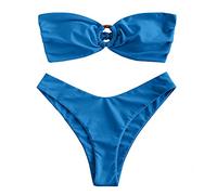 ZAFUL Conjunto de bikini para mujer con anillo en O y fruncido en la parte trasera, corte alto, conjunto de bikini bandeau, acolchado sólido, sin tirantes, traje de baño de dos piezas, 1 azul., M