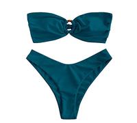 ZAFUL Conjunto de bikini para mujer con anillo en O y fruncido en la parte trasera, corte alto, conjunto de bikini bandeau, acolchado sólido, sin tirantes, traje de baño de dos piezas, 1-azul pavo