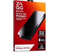 ZAGG Elite Privacy 360 Protector de pantalla de vidrio para iPhone 15 Pro - Vidrio templado ultra fuerte 5X, filtro de privacidad de 4 vías, protección contra arañazos, antimanchas, fácil de instalar