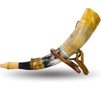 ZAHANAARA Cuerno vikingo | Trompeta de cuerno de buey auténtica | Herramienta de caza de cornetas vikingas con soporte de madera | Ideal para fanáticos de la batalla medieval y las reuniones nórdicas