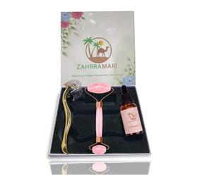 ZAHRRAMARI Kit Rodillo de cuarzo rosa para masaje facial y belleza - para el rostro de la cara y cuello - rose quarzt roller, derma roller, face serum.