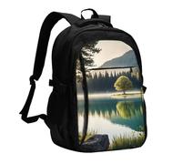 Zaino da viaggio per donna e uomo, zaino leggero e casual per laptop con USB per lavoro, regalo aziendale, stampa di un lago tranquillo e un albero
