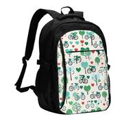 Zaino da viaggio per donna e uomo, zaino leggero e casual per laptop con USB per lavoro, regalo aziendale, stampa di bicicletta con cuore e albero