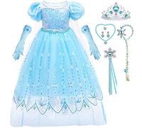 ZaisuiFun Disfraz Elsa Niña Vestido Hielo Reina Princesa Azul Tul Manga Corta Carnaval Fiesta con Accesorios Cumpleaños, 5-6 Años
