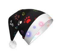 Zaixiansj Colorido sombrero de Navidad iluminado con estampado de huellas de mascotas, sombrero de Papá Noel LED de felpa para adultos, gorra de fiesta brillante
