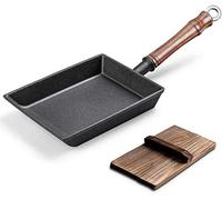 zaizai Sartén para Huevos Tamagoyaki Sartén para Tortillas Sartén Enrollada Japonesa para Tortillas Mini Sartenes De Hierro Fundido con Tapa De Madera, Breakfast Essential, Negro