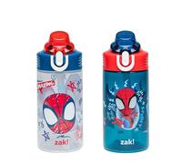 Zak Designs Sage Marvel Spider-Man - Botella de agua para niños, botella de agua de plástico duradera de 16 onzas con popote, asa y a prueba de fugas, cubierta de boquilla emergente, paquete de 2