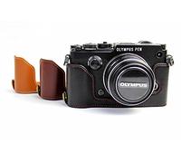 Zakao - Funda para cámara de piel auténtica con abertura en la parte inferior de la mitad de la parte inferior, funda para cámara con correa de mano, funda protectora para Olympus Pen-F (negro)
