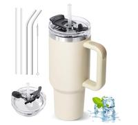 ZAKVOP Taza Termo cafe para Llevar, Taza Termica 1200ml con Tapa y Pajitas, Vaso Termico con Asa, Tumbler para Frío y Caliente, Travel Mug con Tapa Multifunción (Blanco Crema)