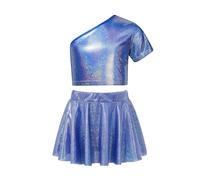 Zaldita Conjunto de ropa de baile brillante para niños, un hombro, con falda de baile, aspecto mojado, ropa de entrenamiento, ropa deportiva, tenis, deporte, azul, 110-116