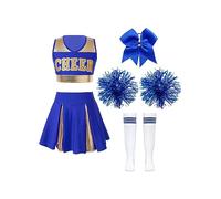 Zaldita Disfraz de Cheer Leading para niña, sin mangas, con minifalda + calcetines + pompones + gomas para el pelo con purpurina para el pelo, B azul, 122 cm-128 cm