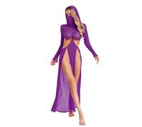 Zaldita Vestido de noche para mujer, vestido transparente con capucha, largo cubierta, disfraz de Kosplay con abertura alta, longitud del suelo, vestido babydoll visita al club, morado, S