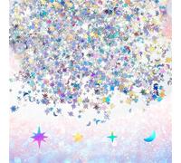 ZALHIN Confeti Holográfico de Mesa de Estrella y Luna (60g, 8000 Piezas) - Lentejuelas Plásticas del Brillo para Decoración de Fiesta y Boda