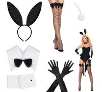 ZALHIN Conjunto de Disfraz de Conejo para Mujer - 9 Pcs Accesorios, Orejas Diadema Corbata Puños Cola Guantes Medias De Rejilla, para Cosplay Fiesta