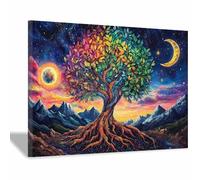 ZAMAEIU Árbol de la vida Pintura en lienzo Árboles acompañados por la luna Impresión Fine Art sobre alta definición listo,para decoración de dormitorio, sala de estar,（verde-50x70cm Enmarcado