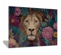 ZAMAEIU Cuadro En Lienzo Leones escondidos entre flores Carteles de animales e impresiones Mural Cuadros para pared, Adecuado para sala de estar, dormitorio, etc.（marrón-70x100cm Enmarcado