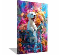 ZAMAEIU Cuadro En Lienzo Perro entre flores Carteles de perro animales e impresiones, Adecuado para sala de estar, dormitorio, etc.（multicolores-50x70cm Enmarcado