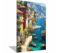ZAMAEIU Cuadro sobre lienzo Casas del puerto y barcos imágenes de arte moderno,oficina hotel restaurante playa cuadros de pared para decoración（azul-30x50cm Enmarcado