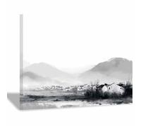 ZAMAEIU de pared moderno abstracto en blanco y negro con Aldea de montaña y agua quadros decoração, Adecuado para sala de estar, dormitorio,Apartamento, etc.（blanco y negro86-60x90cm Enmarcado