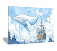 ZAMAEIU Impresión En Lienzo Océano Ballenas acompañando a barcos. Animales Marinos carteles, imágenes para sala de estar, decoración del hogar（blanco-50x70cm Enmarcado