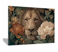 ZAMAEIU Lienzo decorativo Leones entre flores Carteles de animales e impresiones Mural Cuadros, para sala de estar, dormitorio,Pasillo etc.（marrón-50x70cm Enmarcado