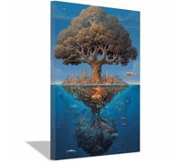 ZAMAEIU Lienzo decorativo para pared con el árbol de la vida Árbol de las ciudades gemelas decoración habitación Adecuado para dormitorio, salón, dormitorio.（verde-50x70cm Enmarcado