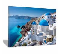 ZAMAEIU Painting Arte Mural En Lienzo Pueblo de cabañas blancas Carteles de Paisajes e impresiones, para sala de estar, dormitorio,Pasillo etc.（azul-20x30cm Enmarcado