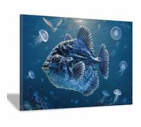 ZAMAEIU Paisaje Natural Lienzo Arte Mural Peces acompañando a medusas mar, playa, océano, vista de, arte para decoración del hogar para sala de estar（azul-50x70cm Enmarcado