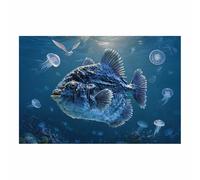ZAMAEIU Paisaje Natural Lienzo Arte Mural Peces acompañando a medusas mar, playa, océano, vista de, arte para decoración del hogar para sala de estar（azul-50x70cm Sin marco