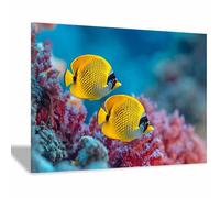 ZAMAEIU Paisaje Natural Lienzo Arte Mural Peces acompañando al arrecife mar, playa, océano, vista de, arte para decoración del hogar para sala de estar（azul-20x30cm Enmarcado