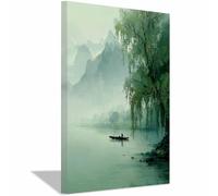 ZAMAEIU Paisajes Lienzo Cuadros Barcos de sauce anclados Póster Decoración, Arte Impresiones, para sala de estar Dormitorio Imagen Decoración del Hogar（verde136-80x120cm Enmarcado