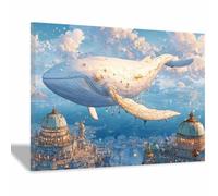 ZAMAEIU Pintura de paisaje marino moderno Ciudades flotantes de ballenas animali marini Pósteres en lienzo, Para Salón Pasillo Pisos Bares Cocina Comedor（blanco-50x70cm Enmarcado