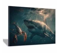 ZAMAEIU Pintura de paisaje marino moderno Encuentro entre tiburones y camarones. animali marini Pósteres en lienzo, Para Salón Pasillo Pisos Bares Cocina Comedor（azul-30x50cm Enmarcado