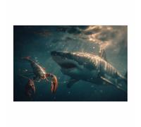 ZAMAEIU Pintura de paisaje marino moderno Encuentro entre tiburones y camarones. animali marini Pósteres en lienzo, Para Salón Pasillo Pisos Bares Cocina Comedor（azul-50x70cm Sin marco