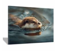 ZAMAEIU Pintura de paisaje marino moderno Las nutrias retozan entre las olas. animali marini Pósteres en lienzo, Para Salón Pasillo Pisos Bares Cocina Comedor（marrón-50x70cm Enmarcado