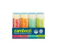 Zambeezi Fairtrade - Bálsamo labial de cera de abeja orgánica, núcleo, paquete de 4 (rosa silvestre, mandarina, albahaca dulce y citronela) - De origen ético