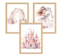 Zamety imágenes para habitación infantil: princesa, unicornio, castillo y arco iris, juego de 3 piezas, póster 30 x 40, cuadros rosas