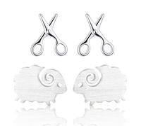 ZAMXHUG 2 Pares Kids Pendientes para niña Oveja Brillante Plata de Ley 925, Interesante Tijeras Pendientes