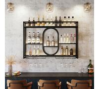 Zanefoo Botellero de Metal con portavasos de Pared,Estante de Vino Montado en la Pared con Luz LED Almacenamiento Moderno de Vino para Bar doméstico, Cocina, Catering(Black,1.4m)