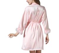 Zanisouta Albornoz de día de San Valentín para mujer, bata de satén de seda, elegante, camisón largo y lujoso, borde de felpa, suave, sedoso, ropa de dormir acogedora, boda, fiesta de novia, pijama, O