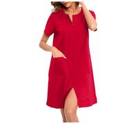 Zanisouta Bata de baño de mujer con diseño de waffle, vestido maxi de punto, vestido de mañana de verano con cremallera, manga 3/4, ropa de casa ligera, vestido cómodo hasta la rodilla, con bolsillos