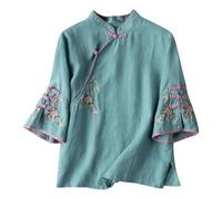 Zanisouta Blusa de seda para mujer, camiseta de manga larga china, blusa de traje tradicional, bordado, túnica, campana, camisa informal, botón de rana, blusa, blusa festiva, P azul., XXXL