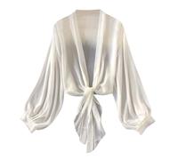 Zanisouta Bolero Cardigan de gasa elegante de manga larga para mujer, chaqueta fina de verano, chaqueta boho de verano, camisa de playa, cuello en V, blusa sin vientre, O blanco., S