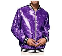 Zanisouta Chaqueta de béisbol con cremallera para hombre, con lentejuelas, para Halloween, fiesta de los años 70, 80, danza, discoteca, metálica, brillante, disfraz de bombero, chaqueta de bombero