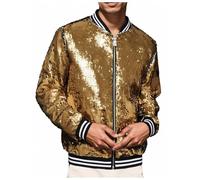 Zanisouta Chaqueta de béisbol con cremallera para hombre, con lentejuelas, para Halloween, fiesta de los años 70, 80, danza, discoteca, metálica, brillante, disfraz de bombero, chaqueta de bombero