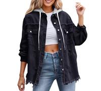 Zanisouta Chaqueta de entretiempo para mujer, chaqueta vaquera de gran tamaño, camisa vaquera larga, vintage, monocolor, chaqueta de primavera con capucha, botones hacia abajo, chaquetas informales de