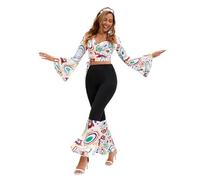 Zanisouta Disfraz hippie para mujer de los años 60 y 70, traje de discoteca Abba, traje de ocio, Halloween, fiesta, ropa retro con parte superior, pantalones de carnaval, O blanco., XL